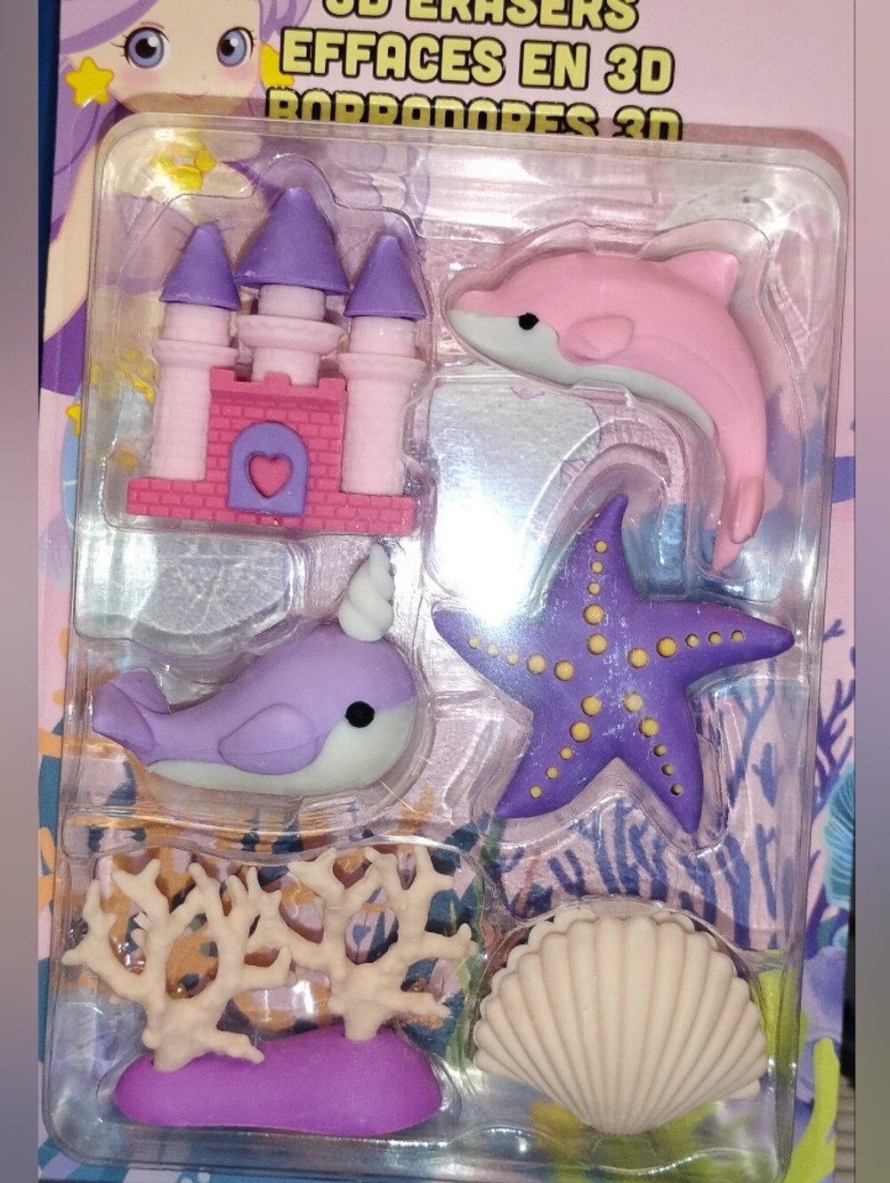 Kids 3D Eraser Set - Purple & Pink Ocean Animals and Castle